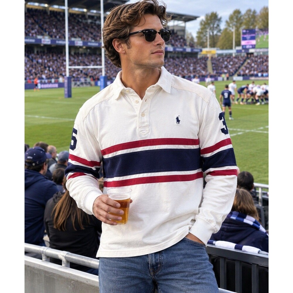 VTG Polo Ralph Lauren Rugby Shirt Custom Fit Long Sleeve White Striped Men’s S